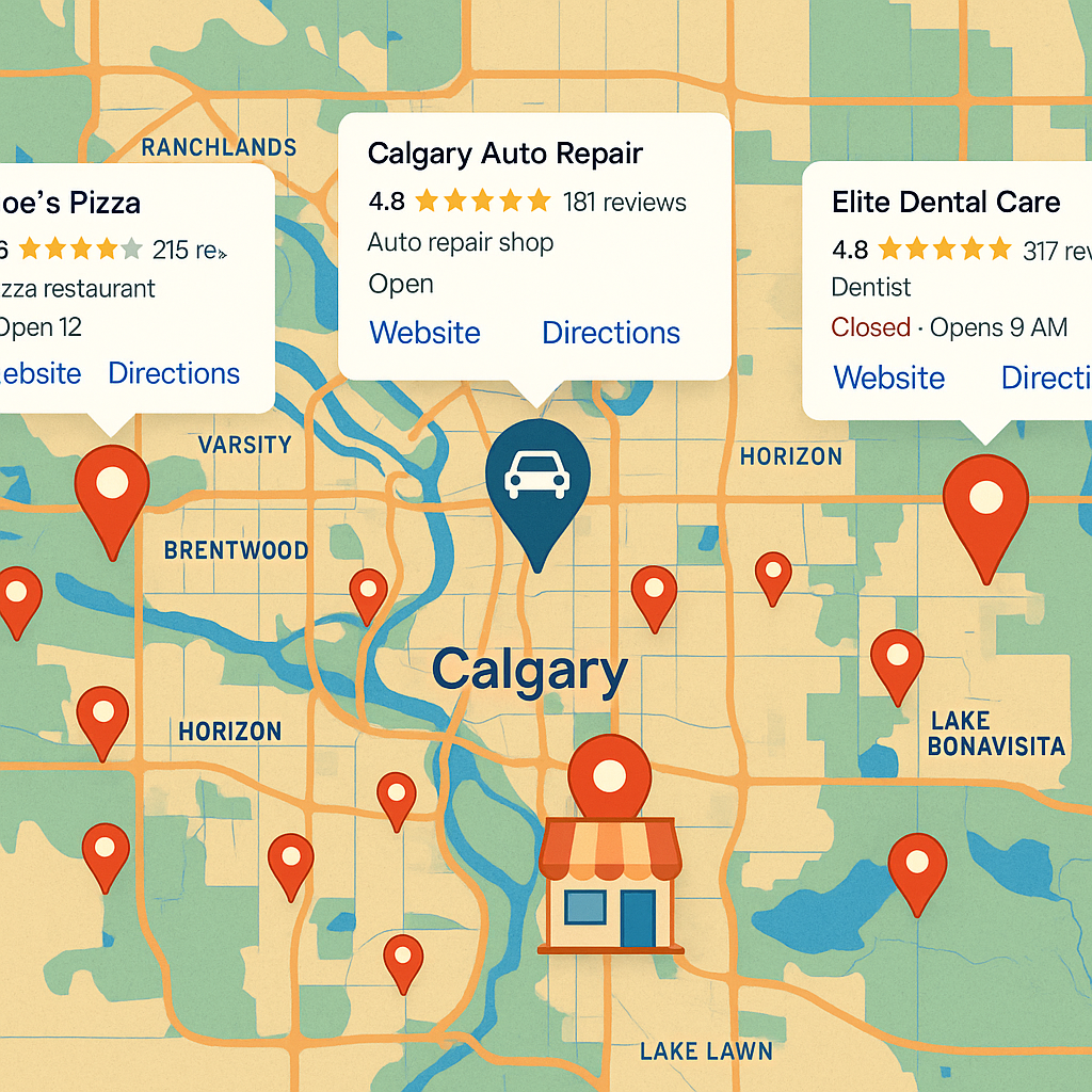 Calgary local SEO map with multiple business location pins and search results